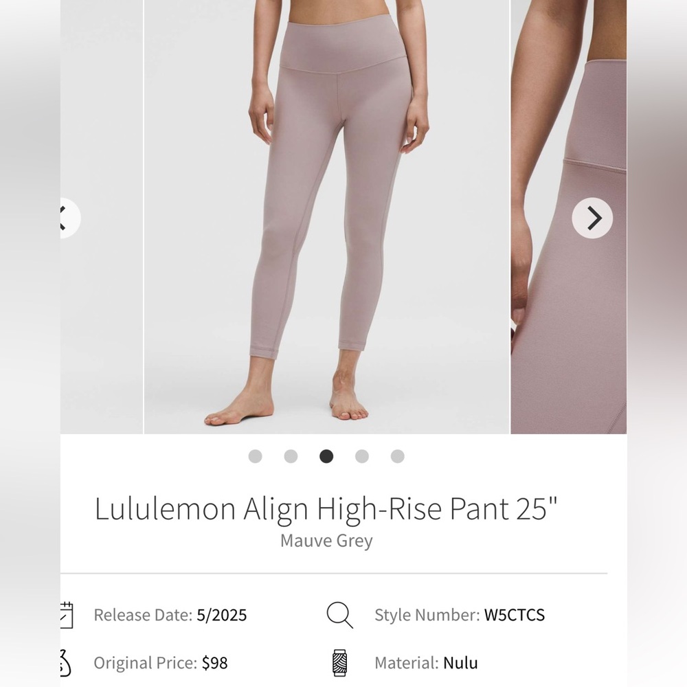 Lululemon Align High-Rise Pant 25"
Mauve Grey Double Lined